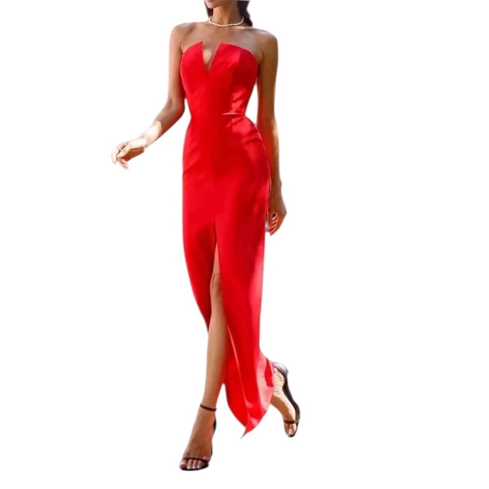 Boutique Scobe Women’s Red Strapless Plunge Neck Front Slit midi dress Large